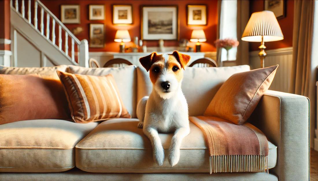 Jack Russell Terrier leżący na kanapie w przytulnym salonie, zrelaksowany i spokojny, fotorealistyczny obraz.